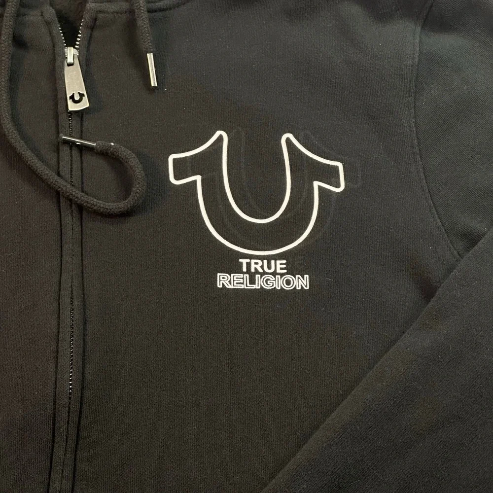 True Religion Full Zip Hoodie Mens Large Black Graphic Logo Big Spellout Back